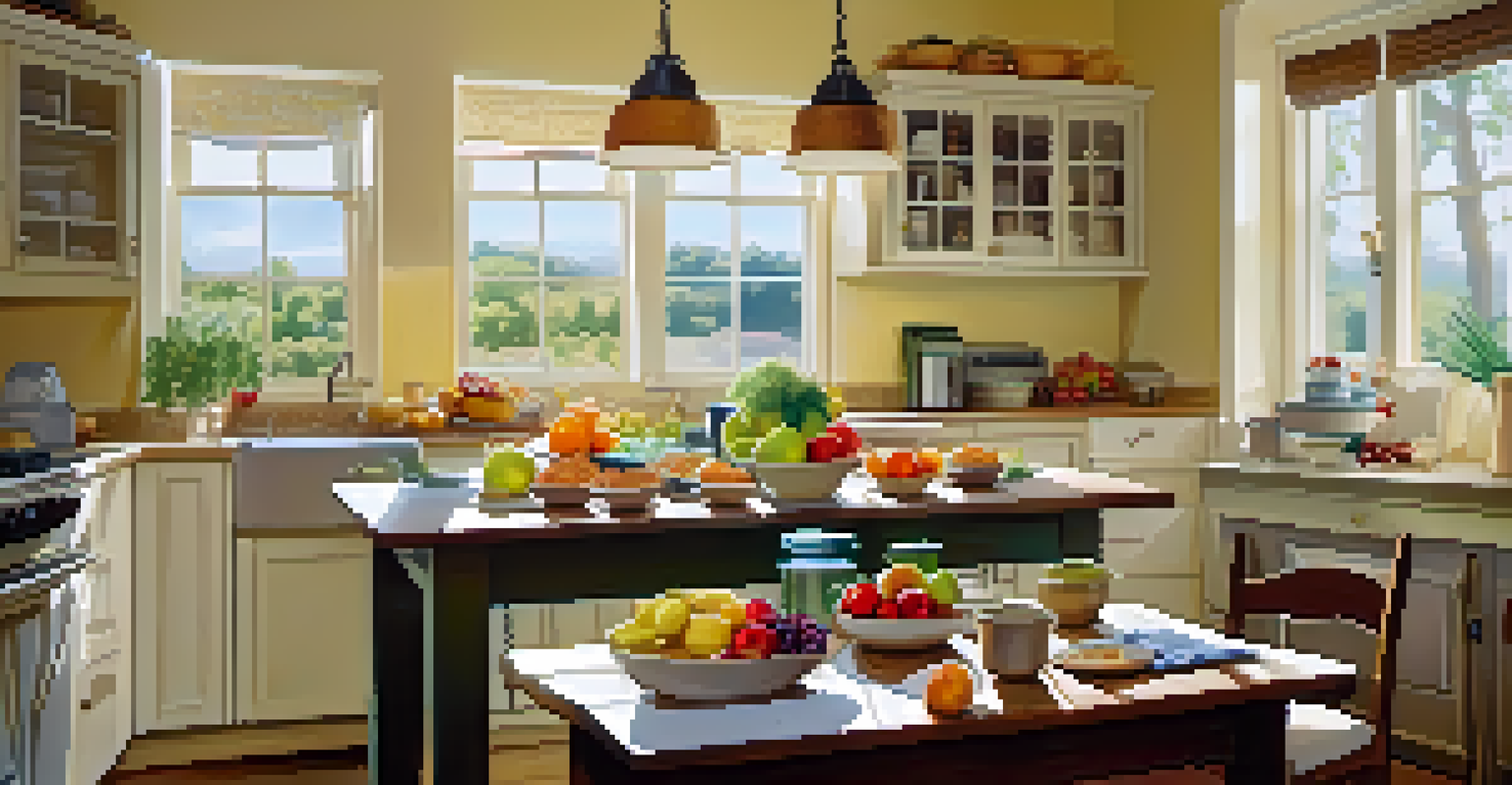 A bright kitchen with a table displaying a healthy meal of fruits, vegetables, and whole grains, illuminated by sunlight.