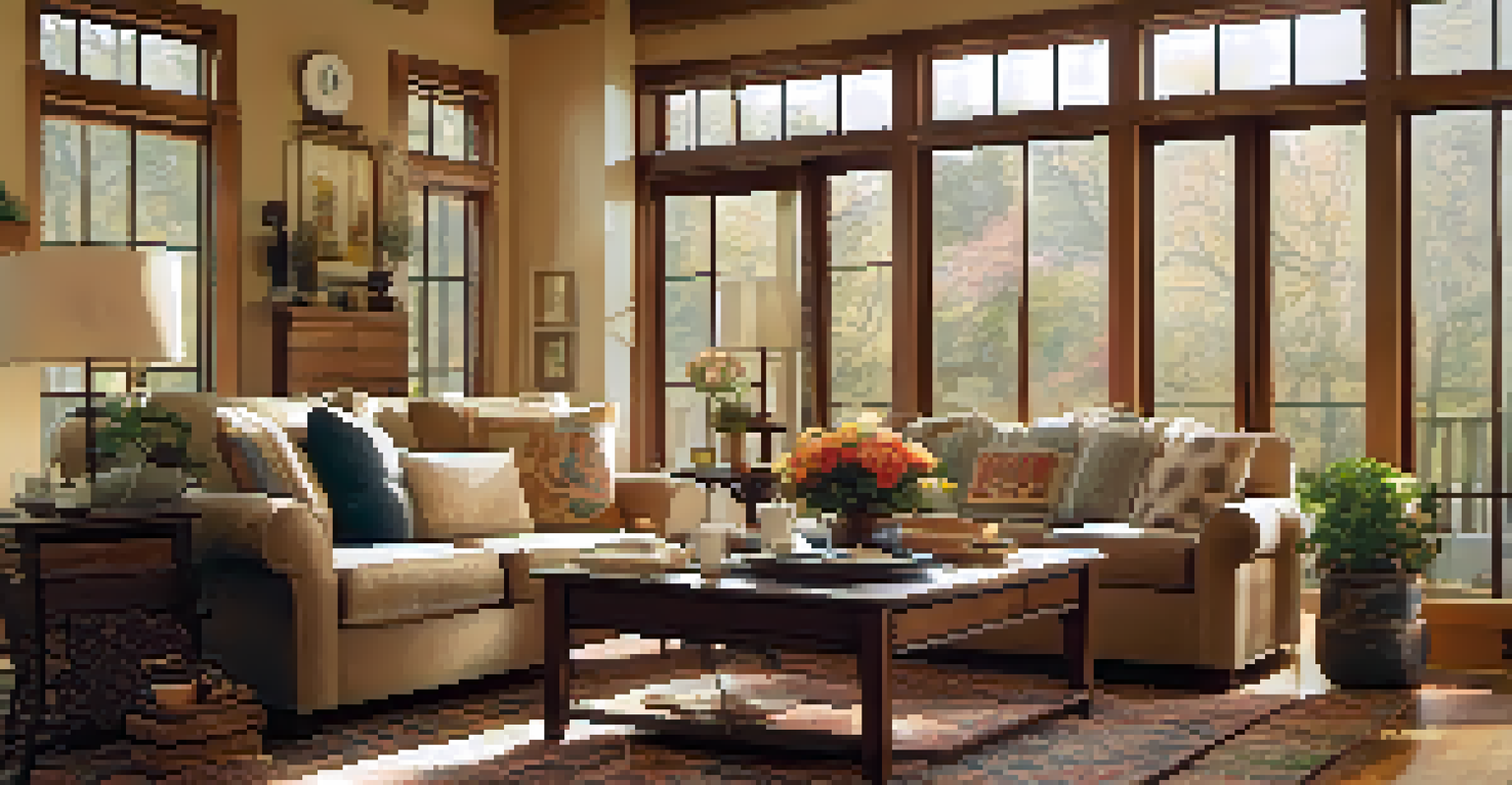 A cozy living room with a plush sofa, decorative pillows, and a steaming cup of tea on a coffee table.