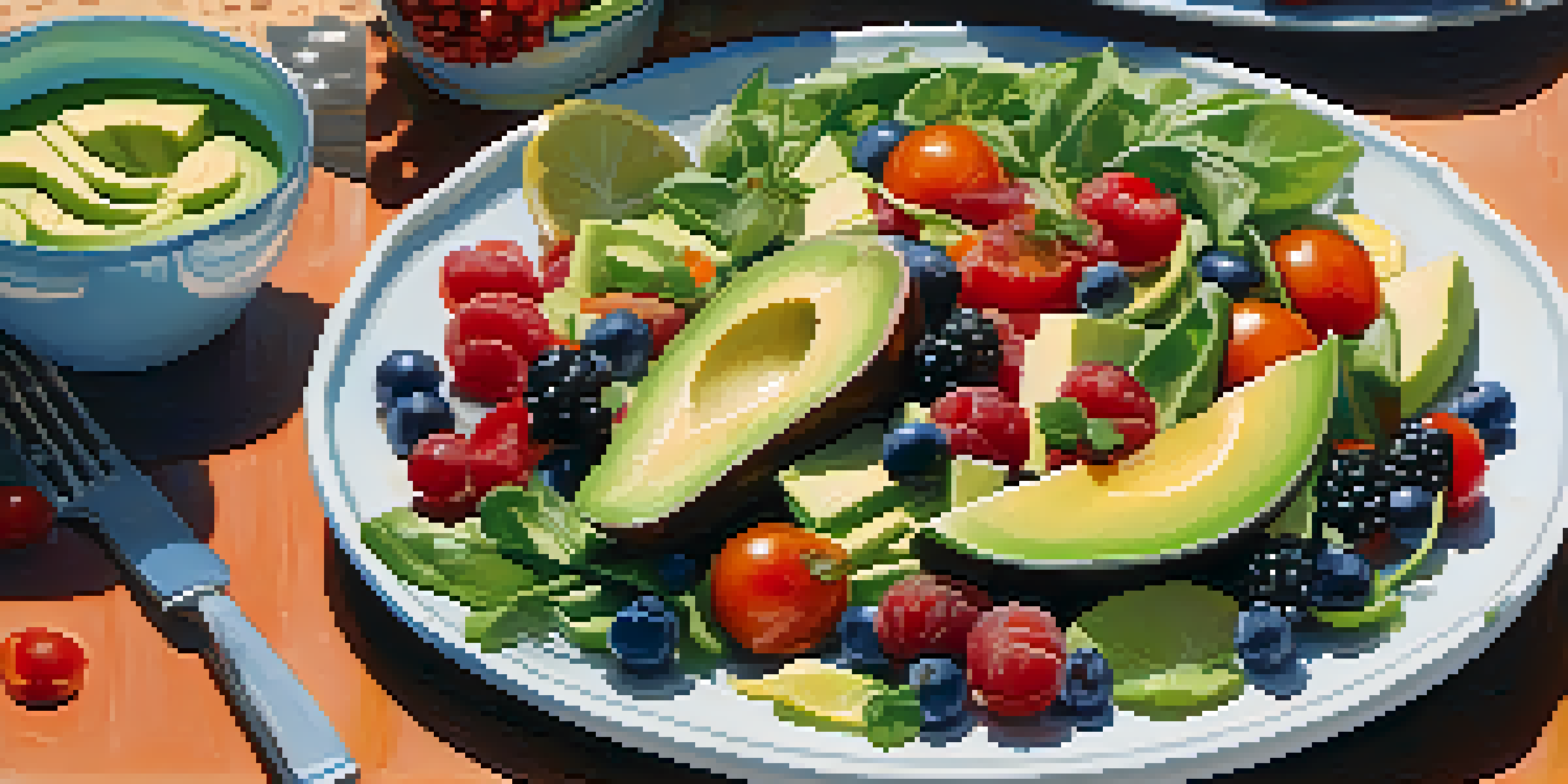 A colorful salad with leafy greens, cherry tomatoes, and avocado, alongside a bowl of mixed berries and a glass of water with lemon, presented outdoors in natural sunlight.