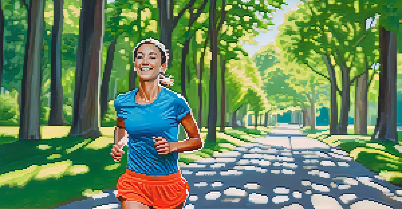 A person jogging in a sunny park while holding a water bottle, surrounded by green trees and a blue sky, symbolizing hydration during exercise.