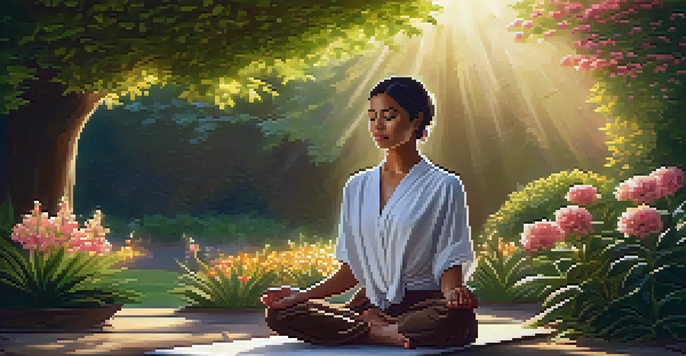 A person meditating in a beautiful garden at sunset, surrounded by blooming flowers and greenery.