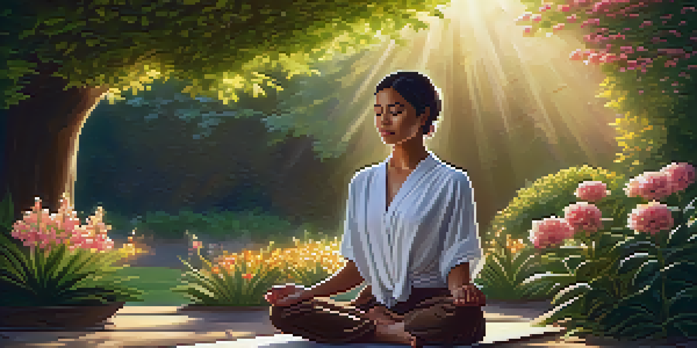 A person meditating in a beautiful garden at sunset, surrounded by blooming flowers and greenery.