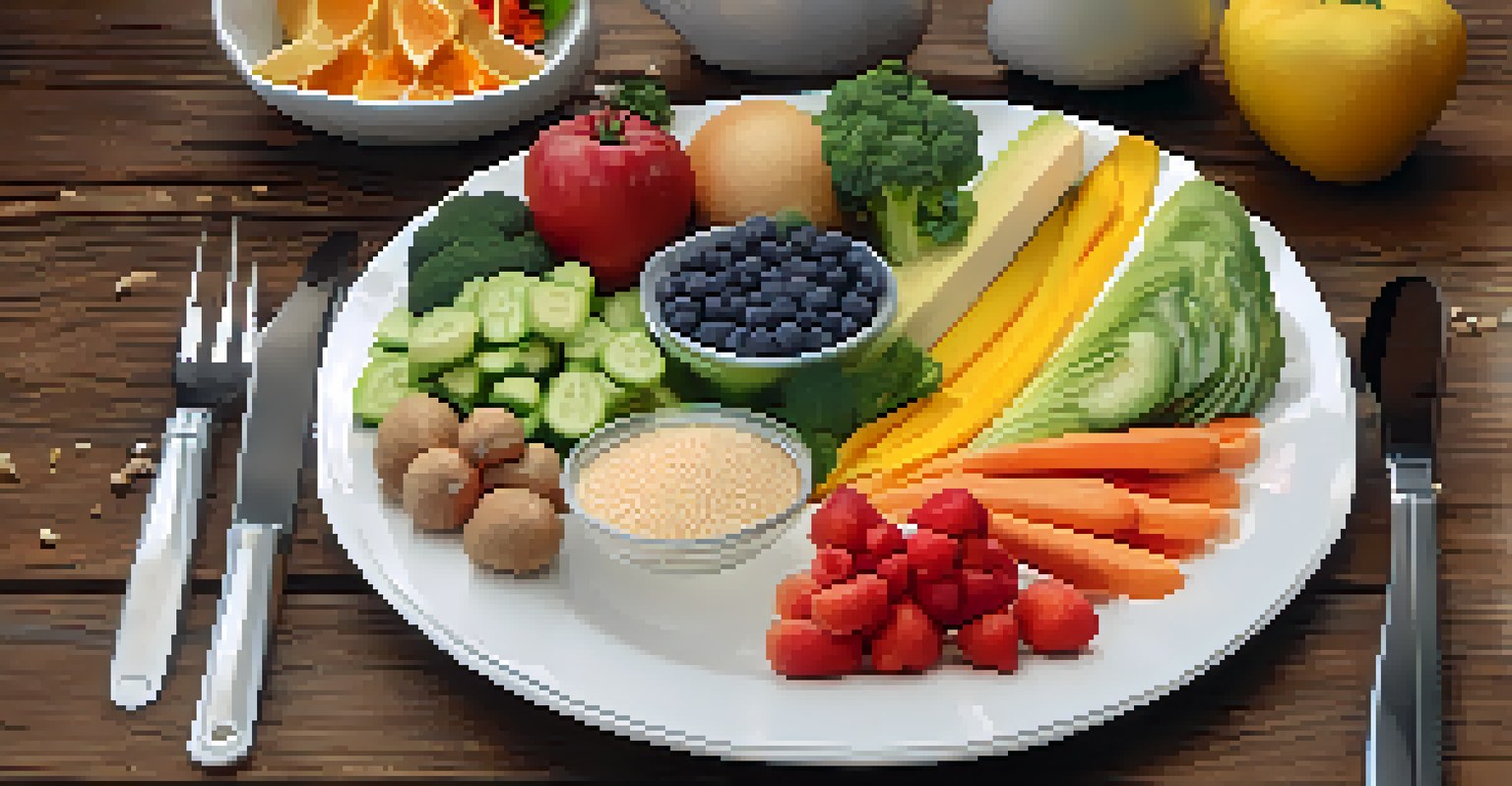 A balanced diet plate filled with colorful vegetables, fruits, whole grains, and lean proteins, set on a rustic wooden table in a sunny kitchen.