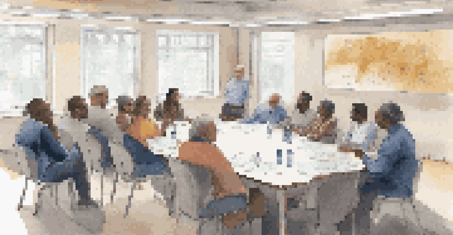 A diverse group of community members engaged in a discussion about health policies in a bright conference room, with charts and documents on the table.