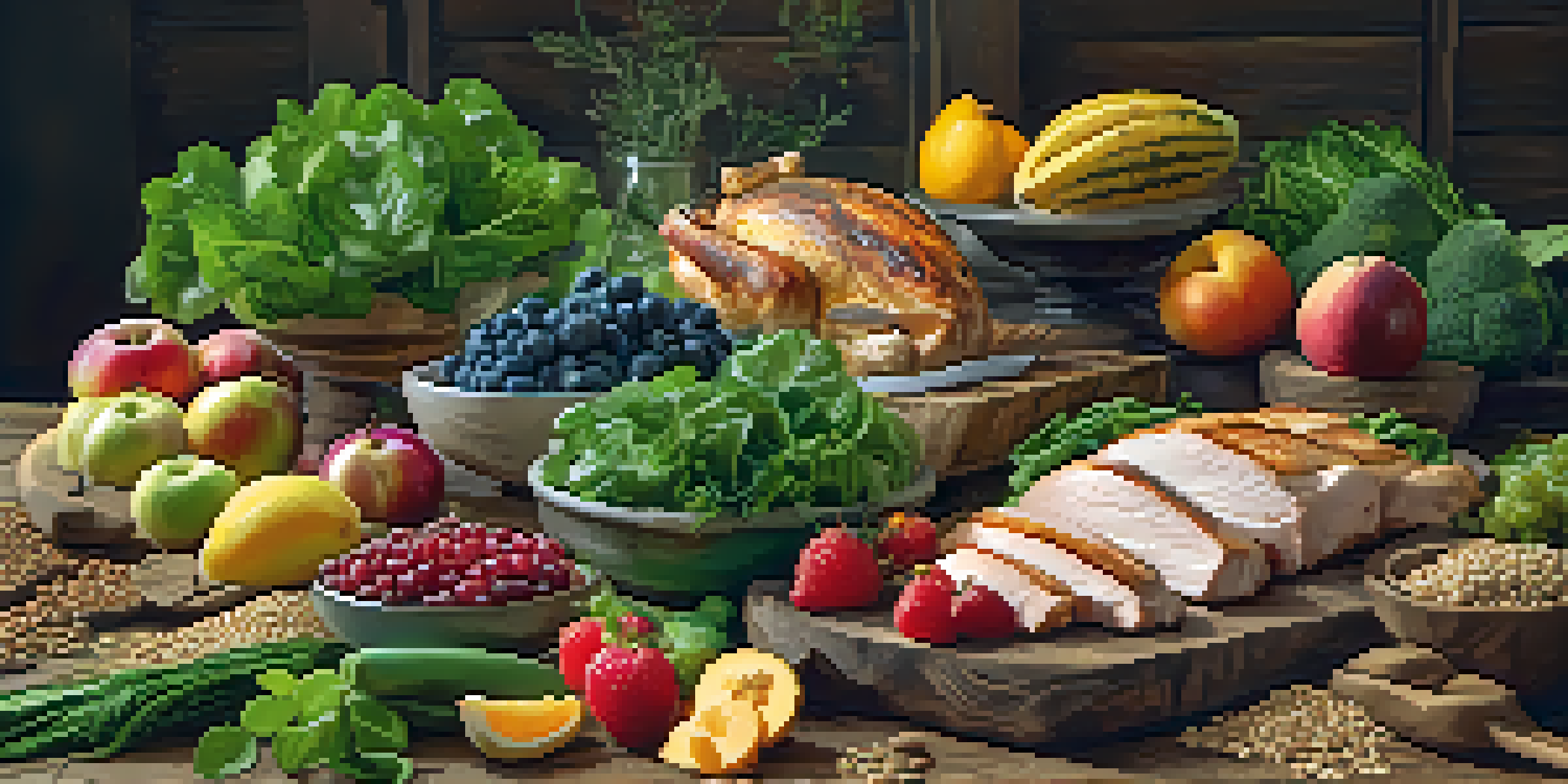 A colorful assortment of healthy foods including greens, whole grains, lean proteins, and fruits on a wooden table, illuminated by soft natural light.