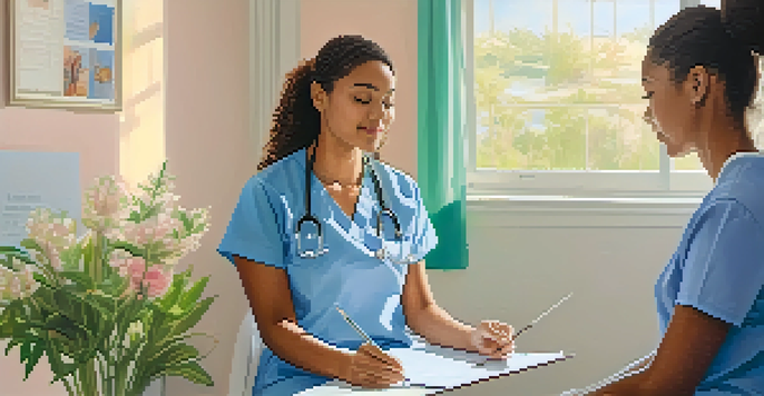 A female healthcare provider is reassuring a young woman in a bright and welcoming healthcare setting, preparing for a cervical cancer screening.