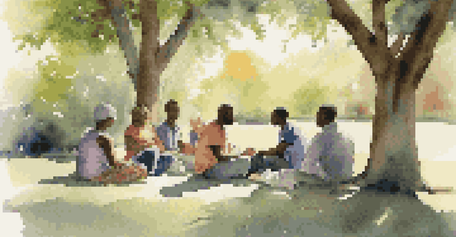 A group of diverse individuals sitting in a circle outdoors, engaged in supportive conversation under trees, fostering community.