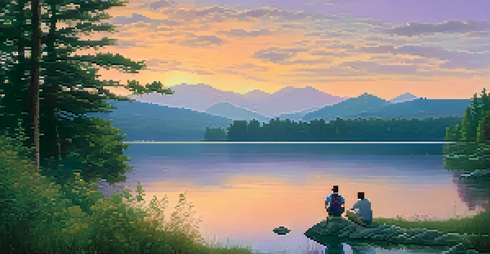 A hiker applying insect repellent by a calm lake at dusk, surrounded by greenery and a colorful sky.