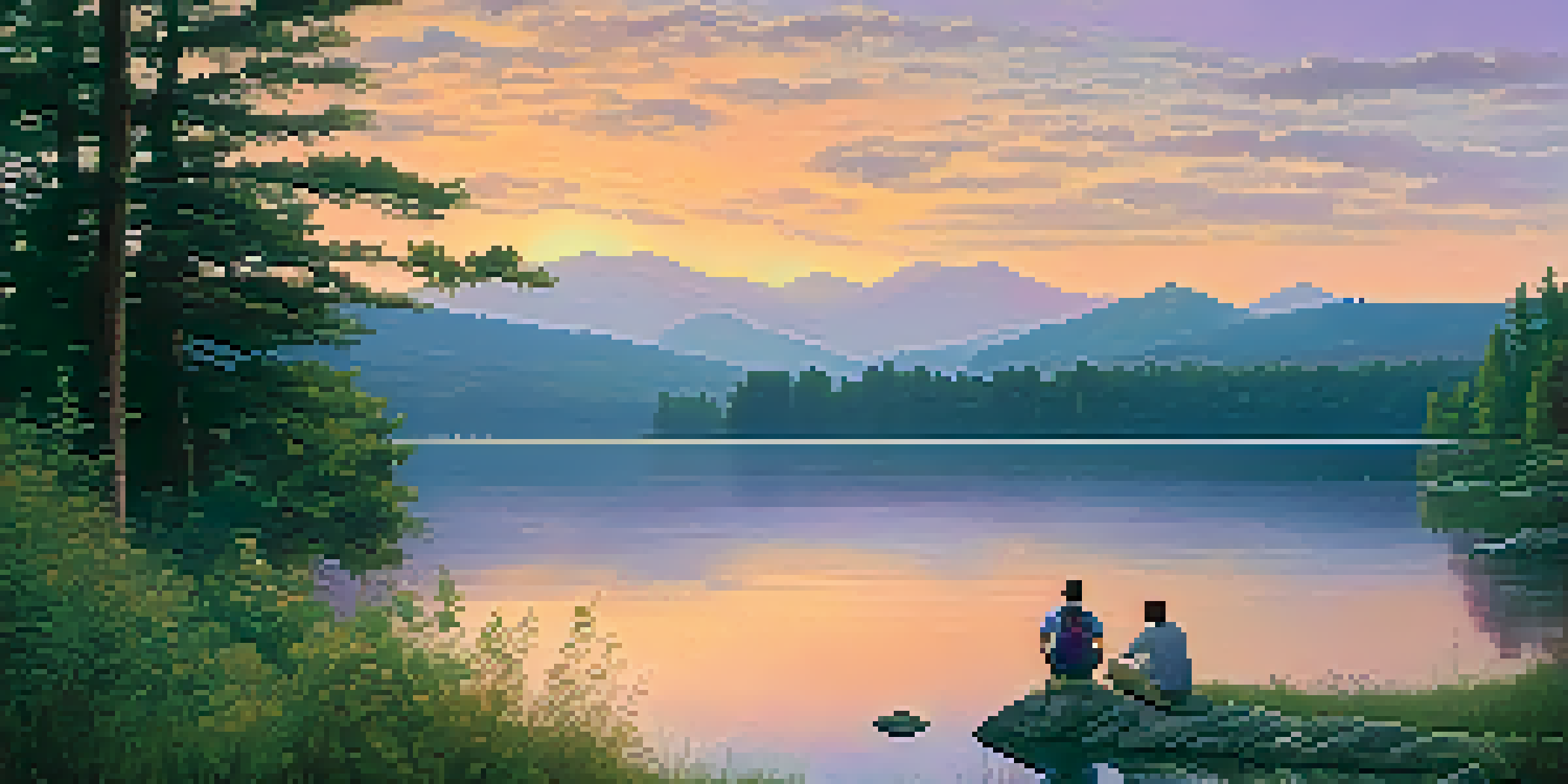 A hiker applying insect repellent by a calm lake at dusk, surrounded by greenery and a colorful sky.