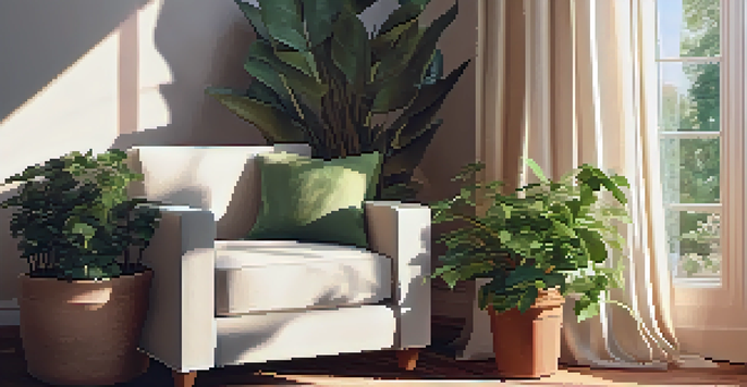 A cozy room with an armchair and a cup of herbal tea on a table, illuminated by soft sunlight.