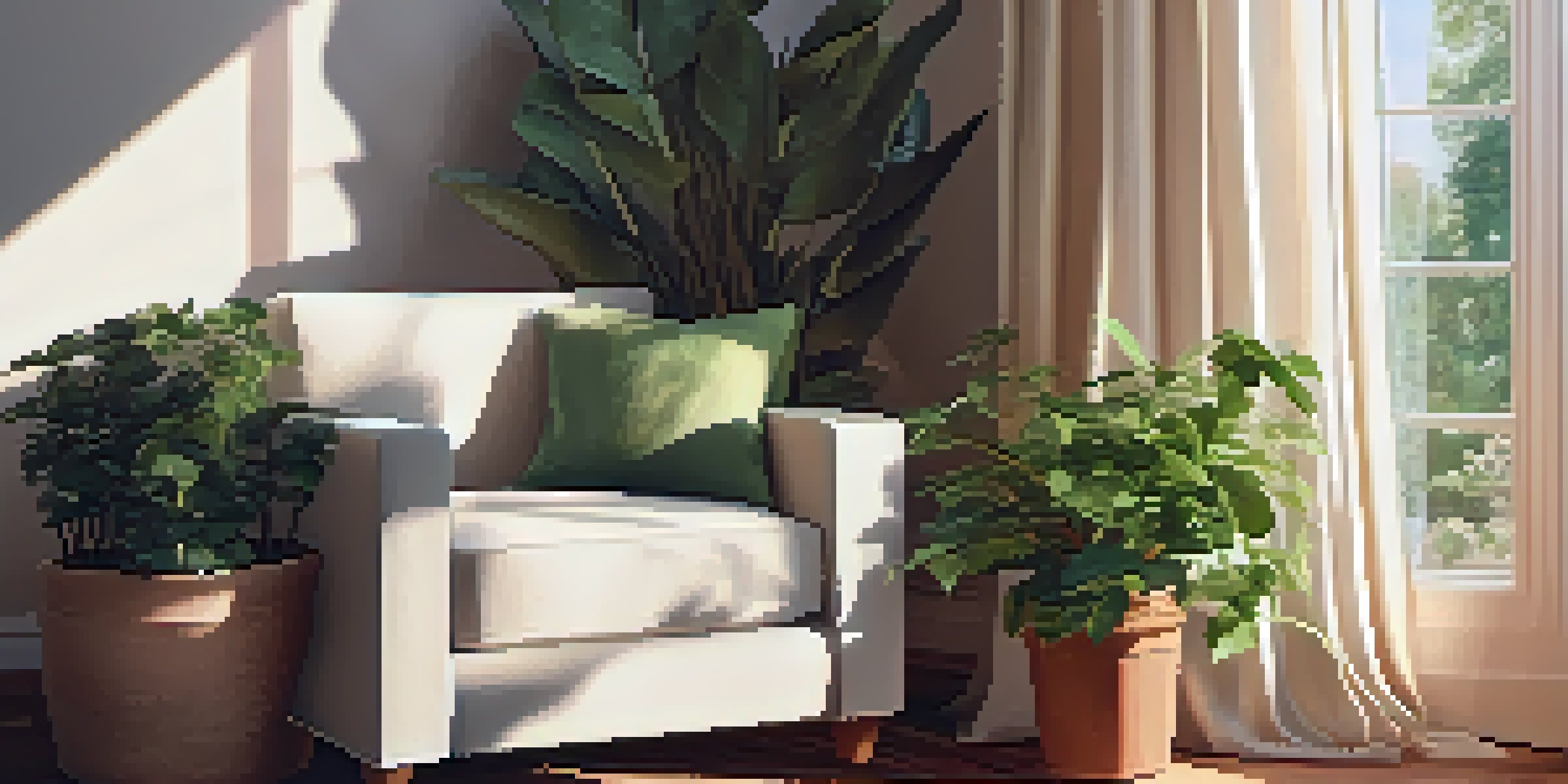 A cozy room with an armchair and a cup of herbal tea on a table, illuminated by soft sunlight.