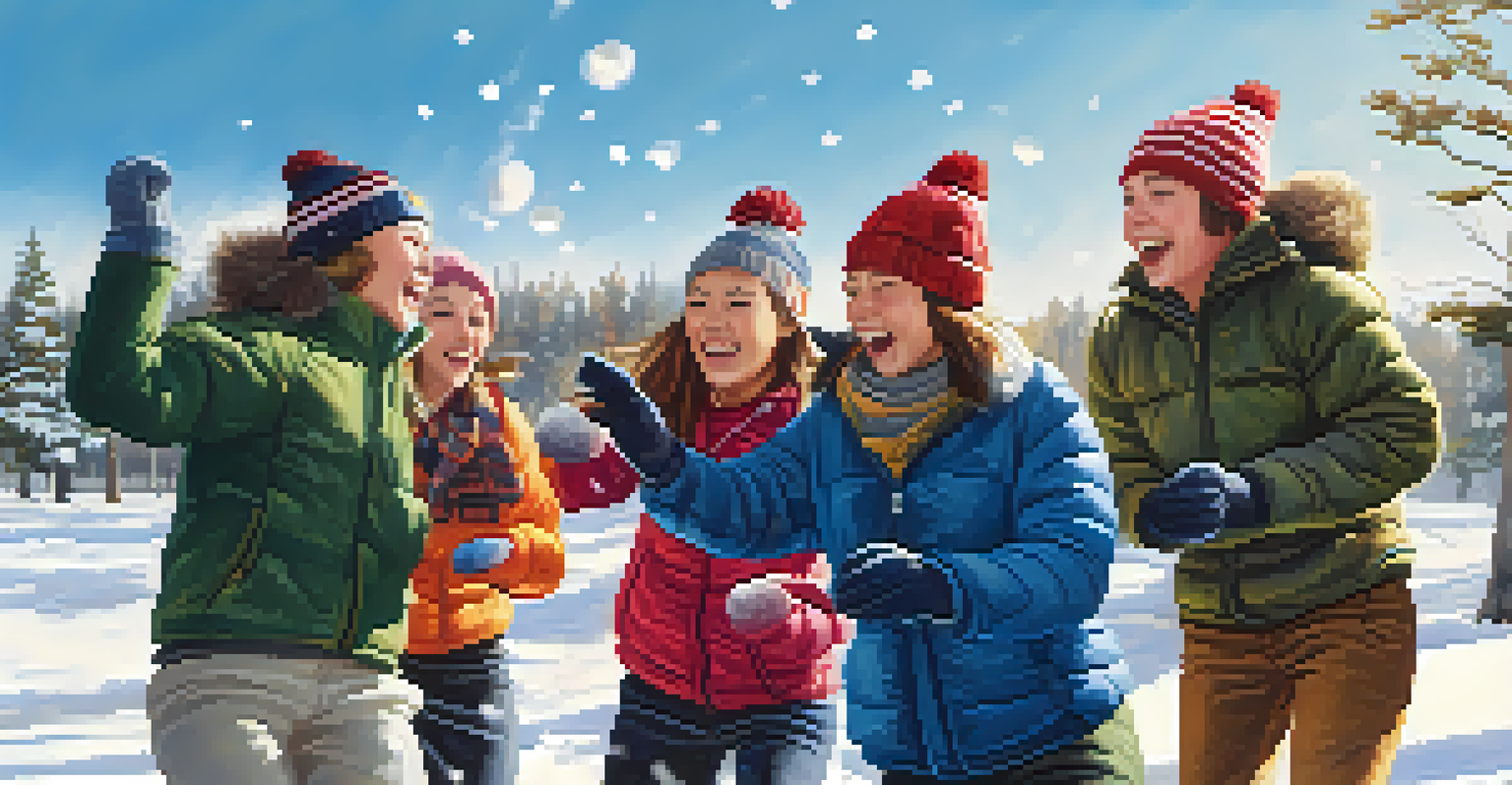 A group of students laughing and playing in the snow during a sunny winter day, engaged in a snowball fight, capturing the joy of social interaction.