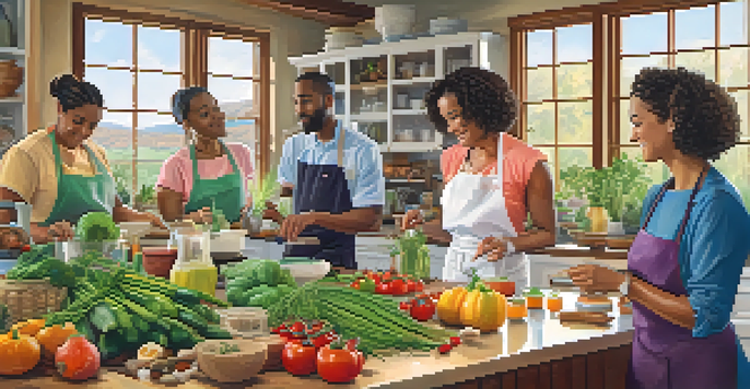 A diverse group of individuals participating in a cooking class focused on healthy meal preparation, surrounded by fresh vegetables and herbs in a bright kitchen.