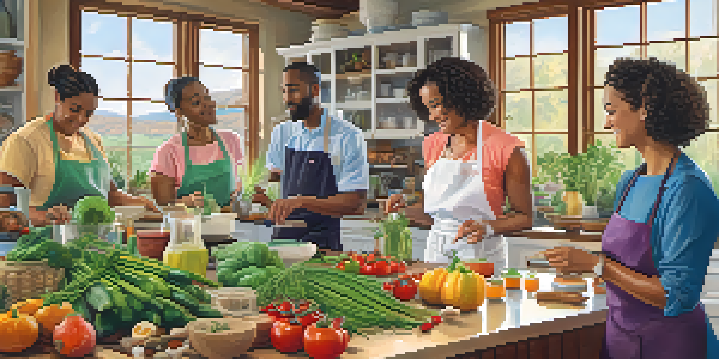 A diverse group of individuals participating in a cooking class focused on healthy meal preparation, surrounded by fresh vegetables and herbs in a bright kitchen.
