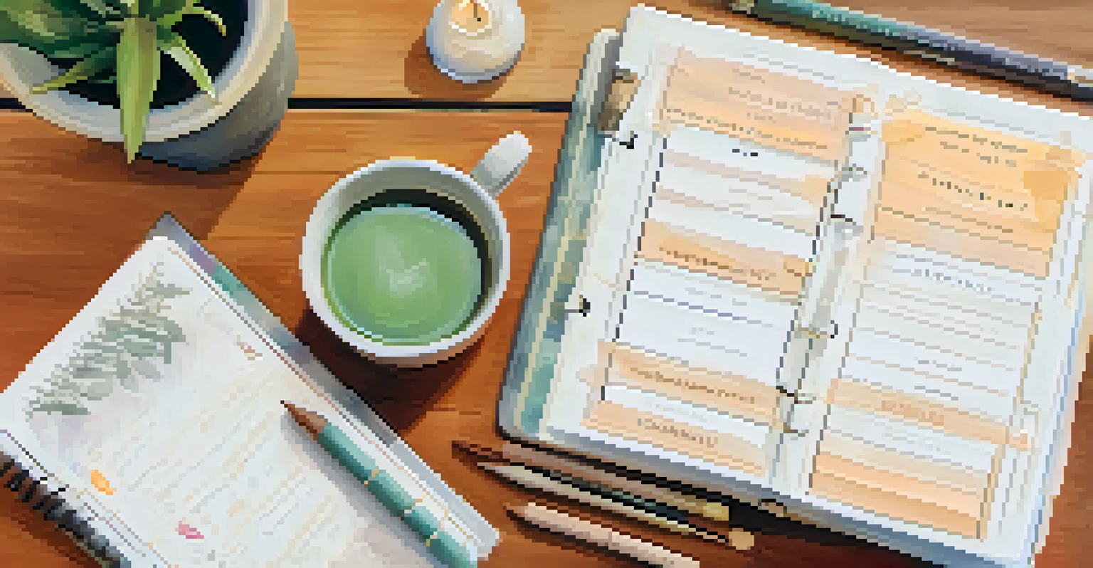 An open planner displaying a weekly schedule, surrounded by a cup of tea and a small plant, representing personal goal setting and organization.