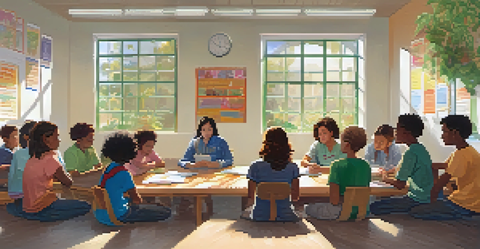 A cozy classroom where diverse students are engaged in a supportive discussion with a teacher, surrounded by natural light and educational materials.