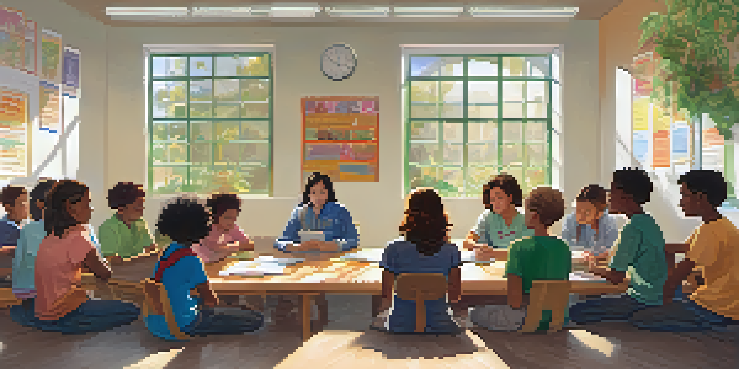 A cozy classroom where diverse students are engaged in a supportive discussion with a teacher, surrounded by natural light and educational materials.