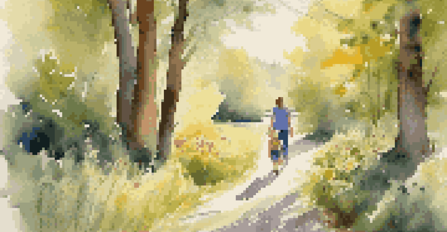 A parent and child walking hand in hand during a mindful nature walk surrounded by greenery.