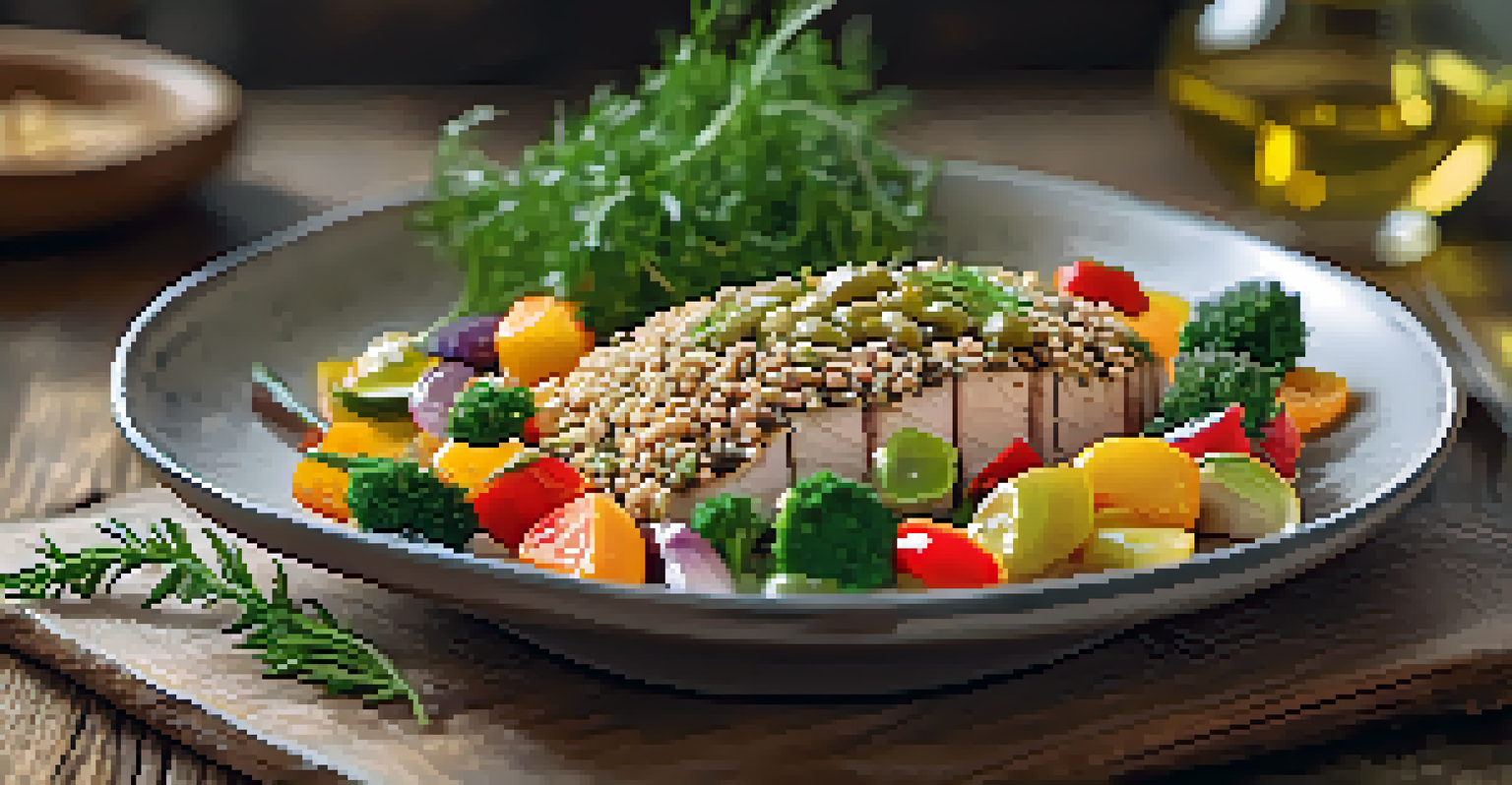 A close-up of a healthy, colorful plate of food on a rustic table, surrounded by a cookbook and fresh herbs.