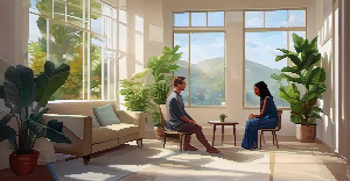 A wellness coach and a young man engaged in a discussion in a bright room filled with plants and motivational quotes.