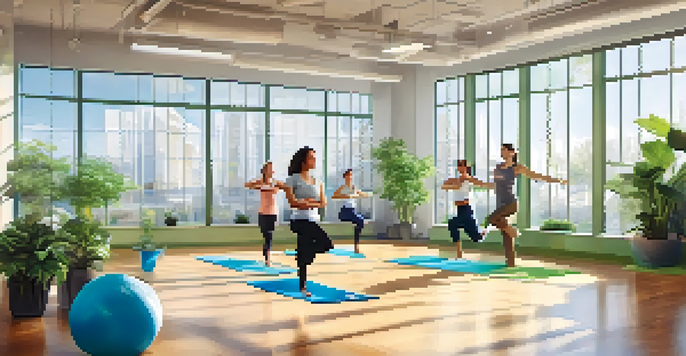 A lively office scene with employees participating in yoga and group exercises, surrounded by greenery and natural light.
