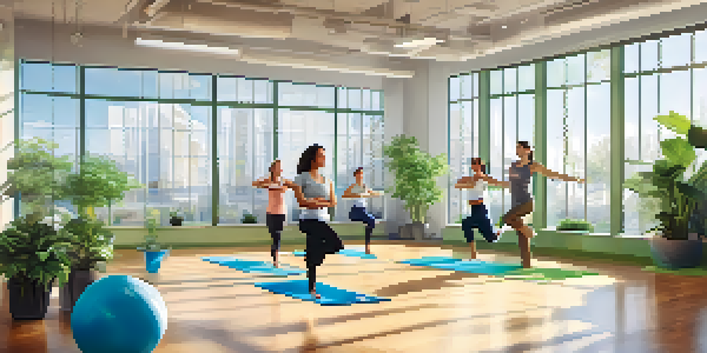 A lively office scene with employees participating in yoga and group exercises, surrounded by greenery and natural light.