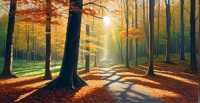 A peaceful forest at sunrise, with sunlight filtering through trees and a path covered in autumn leaves.