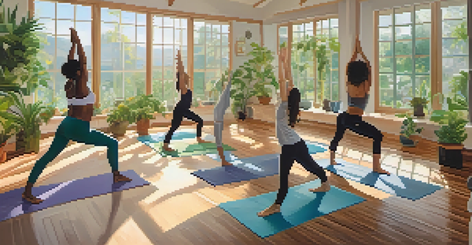 A peaceful yoga studio with women of different ages practicing yoga poses, illuminated by natural light.