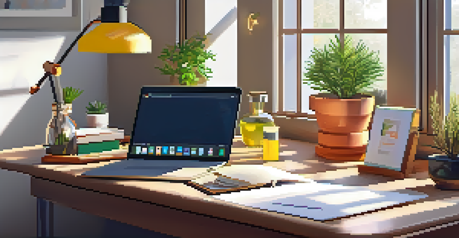 A bright workspace with a diffuser, books, and a laptop, illuminated by sunlight, promoting focus and productivity.