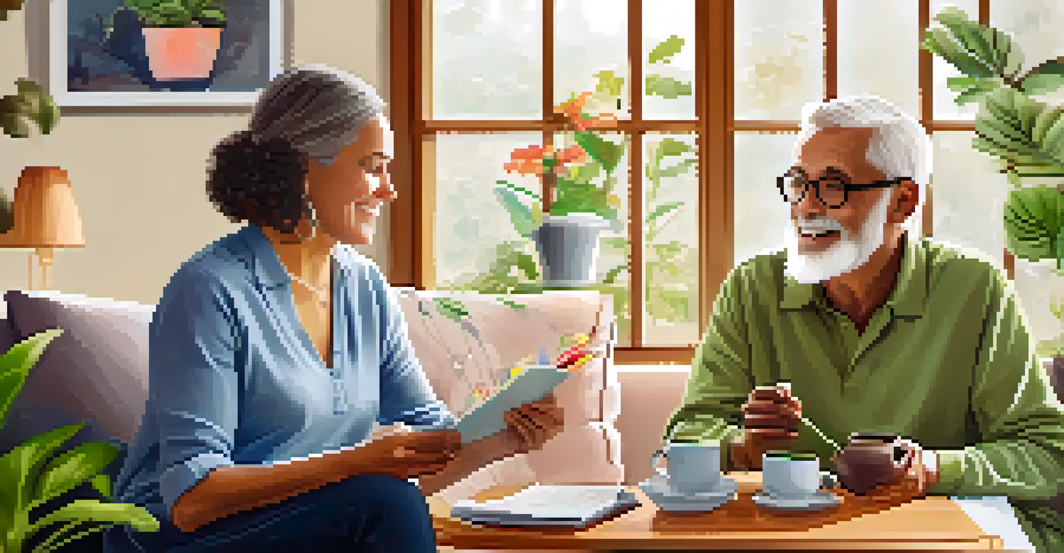 A wellness coach discussing a wellness plan with an elderly man in a cozy living room filled with plants.