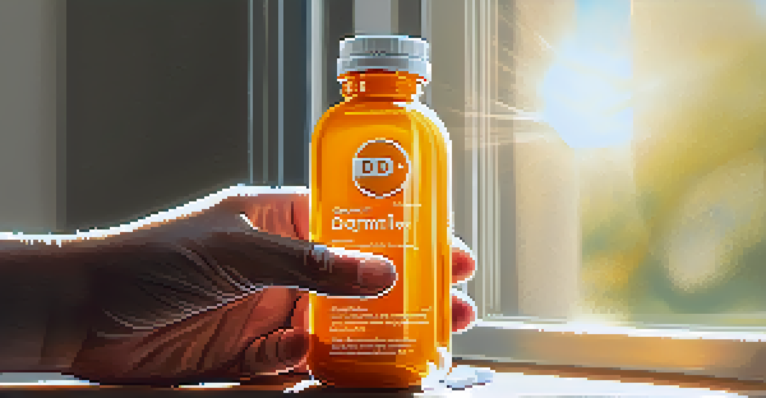A hand holding a vitamin D supplement bottle in front of a sunny window, highlighting the importance of vitamins for immunity.
