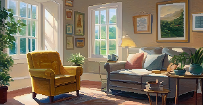 A cozy living room with an armchair, a blanket, a mug of tea, and a journal, illuminated by warm sunlight.
