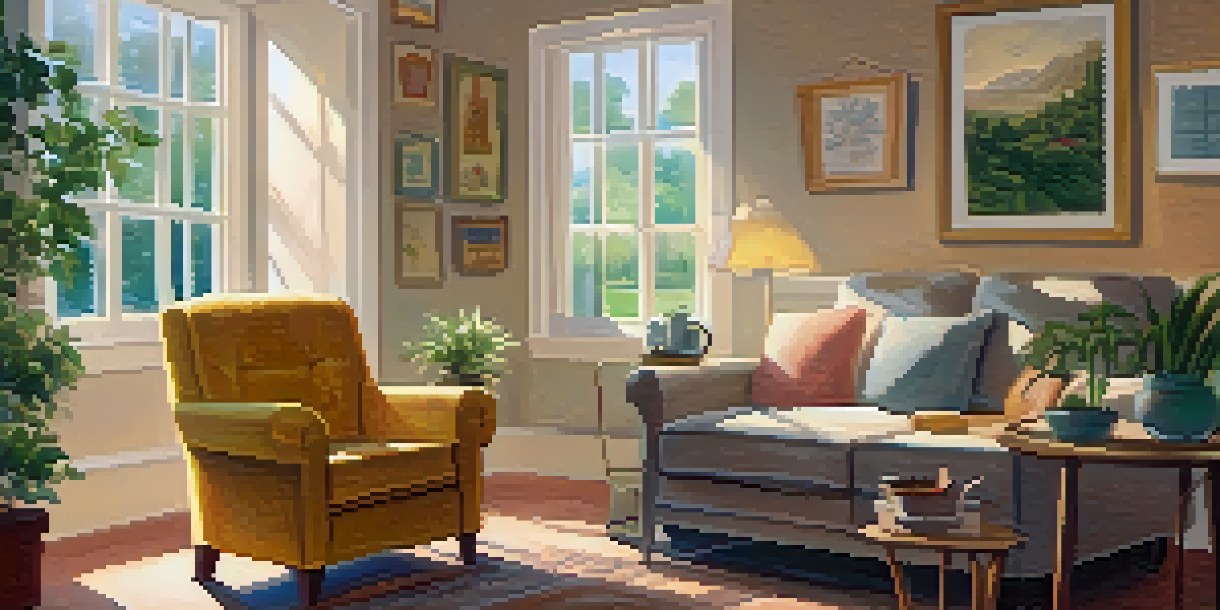 A cozy living room with an armchair, a blanket, a mug of tea, and a journal, illuminated by warm sunlight.