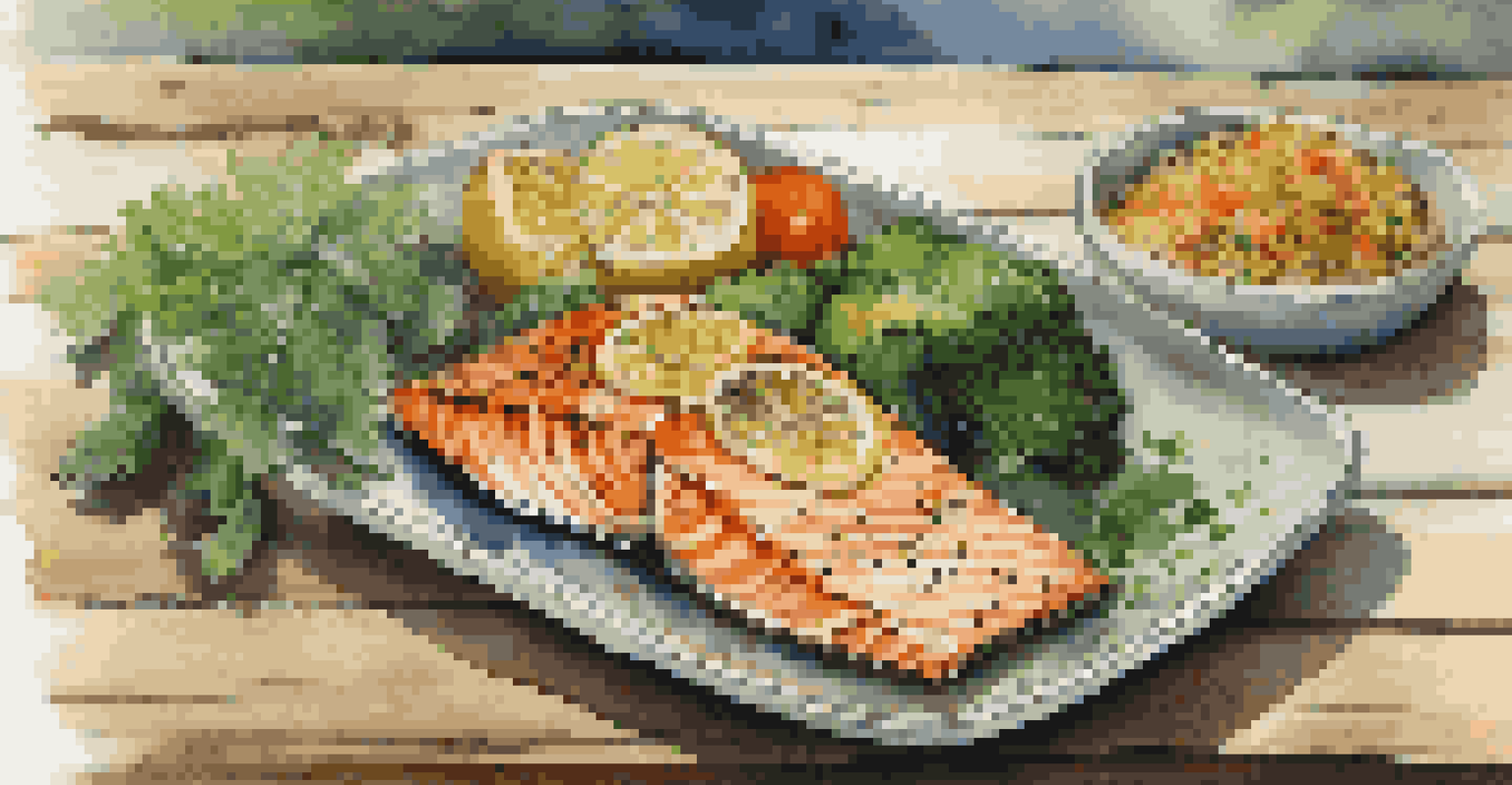 A beautifully arranged plate of grilled salmon and vegetables, emphasizing healthy eating.