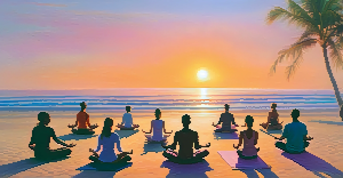 A group of diverse travelers practicing yoga on a beach at sunrise, with warm colors in the sky and ocean waves in the background.