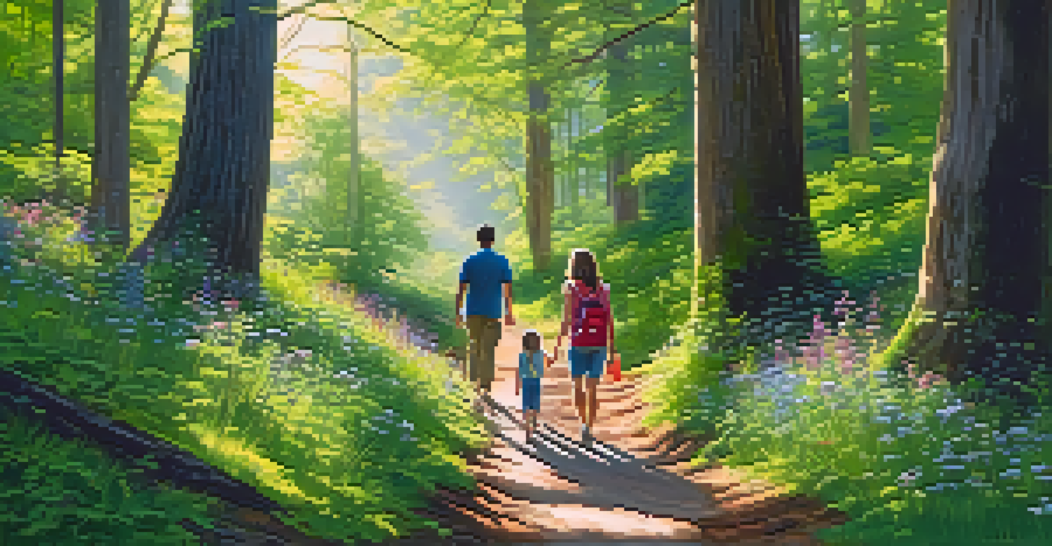 A happy family hiking through a lush green forest, with sunlight filtering through the trees and vibrant wildflowers.