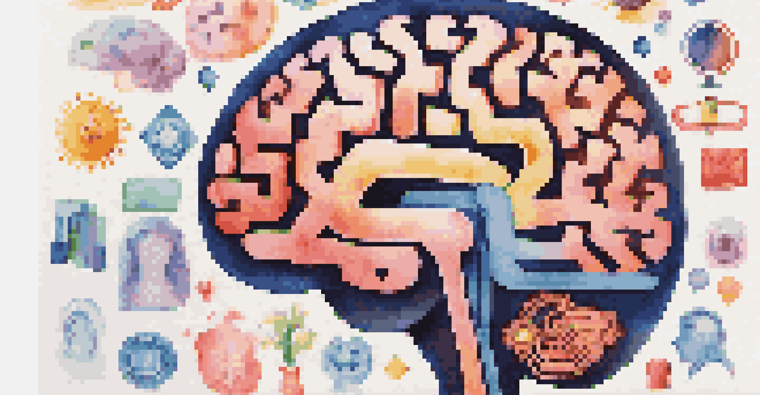 A human brain surrounded by colorful icons representing cognitive functions like memory and attention.