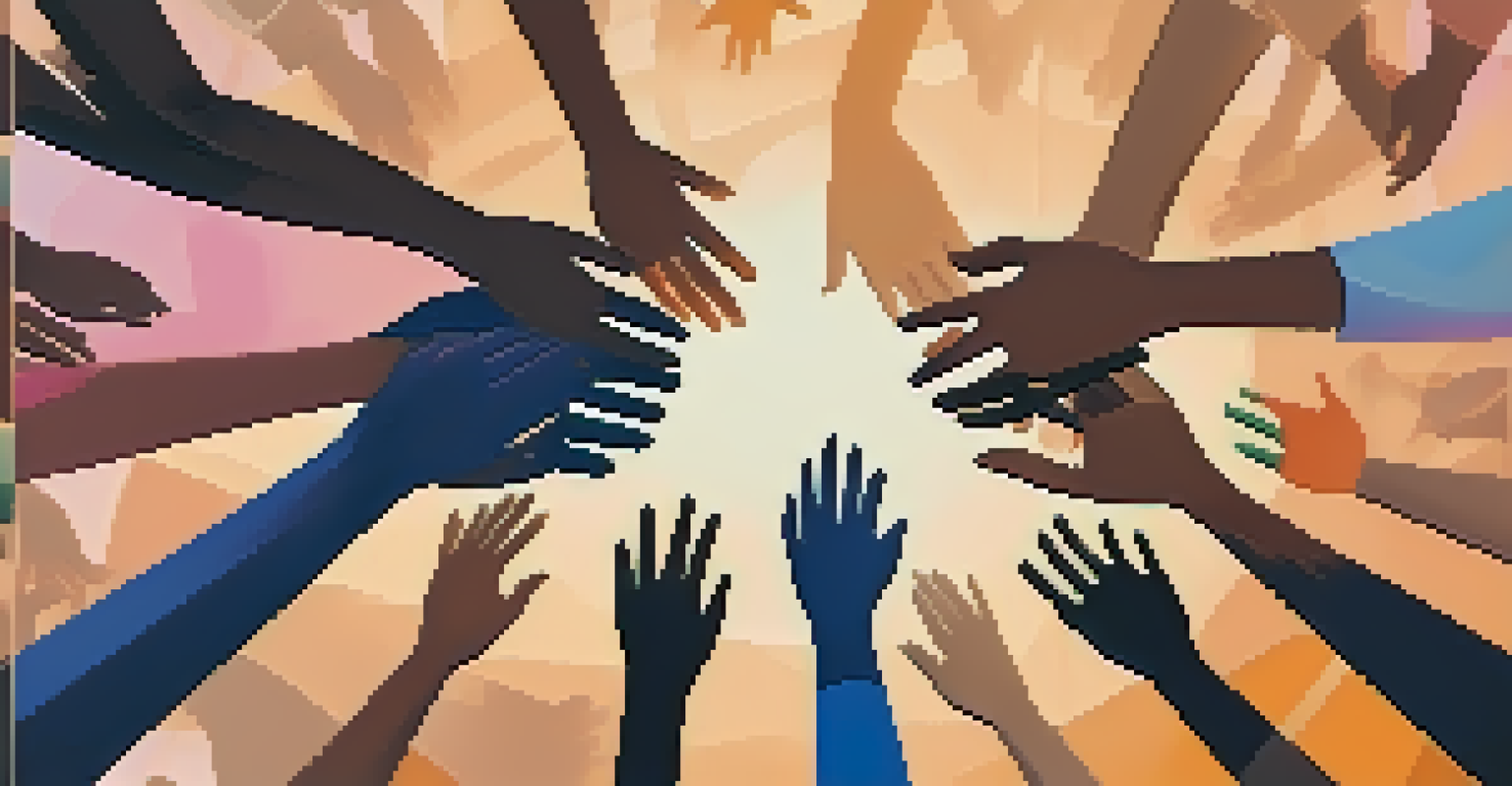 Diverse hands reaching out towards each other with digital icons representing community support against a warm gradient background.