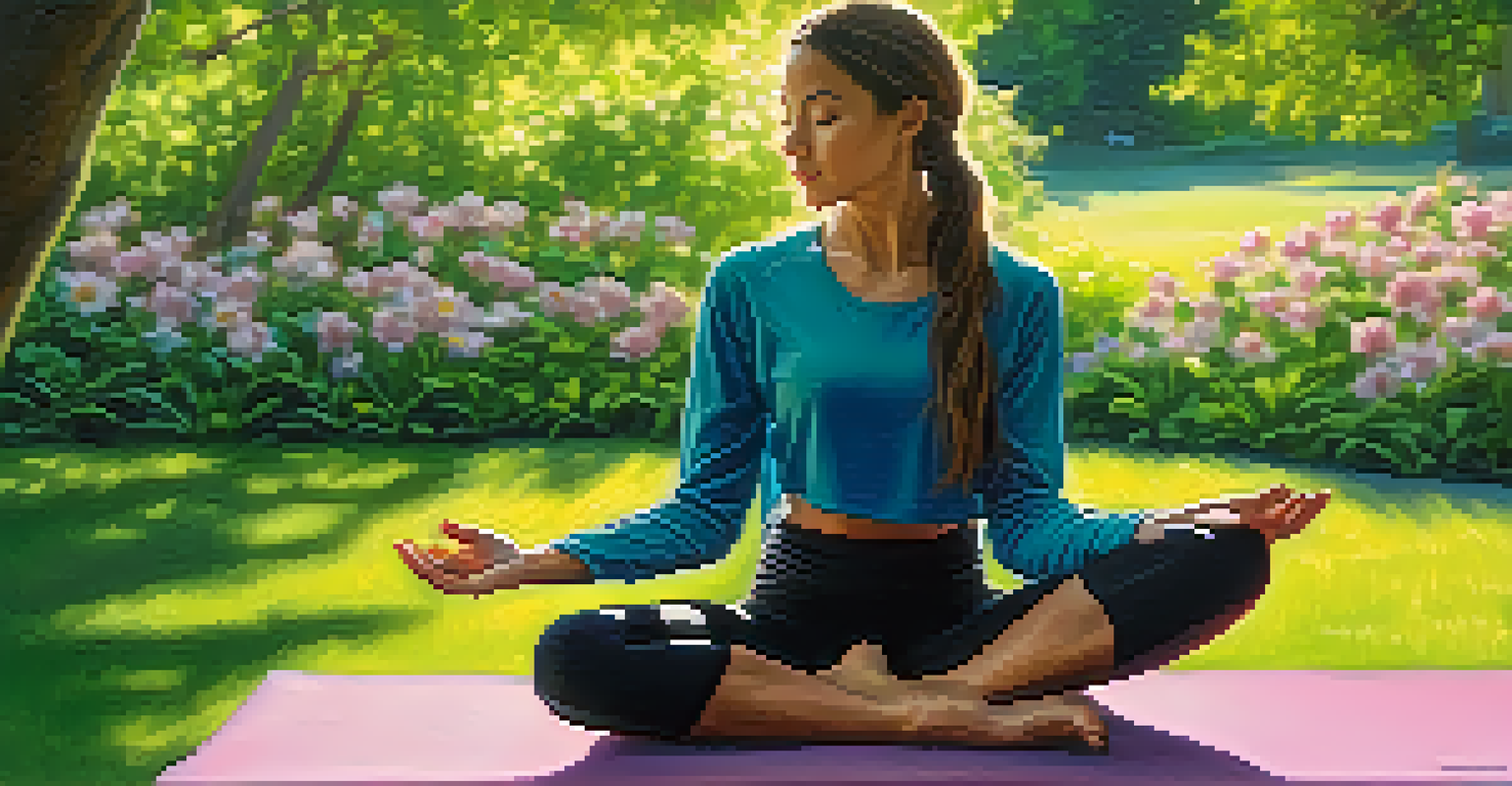 An injured athlete meditating on a yoga mat in a sunny park surrounded by flowers.