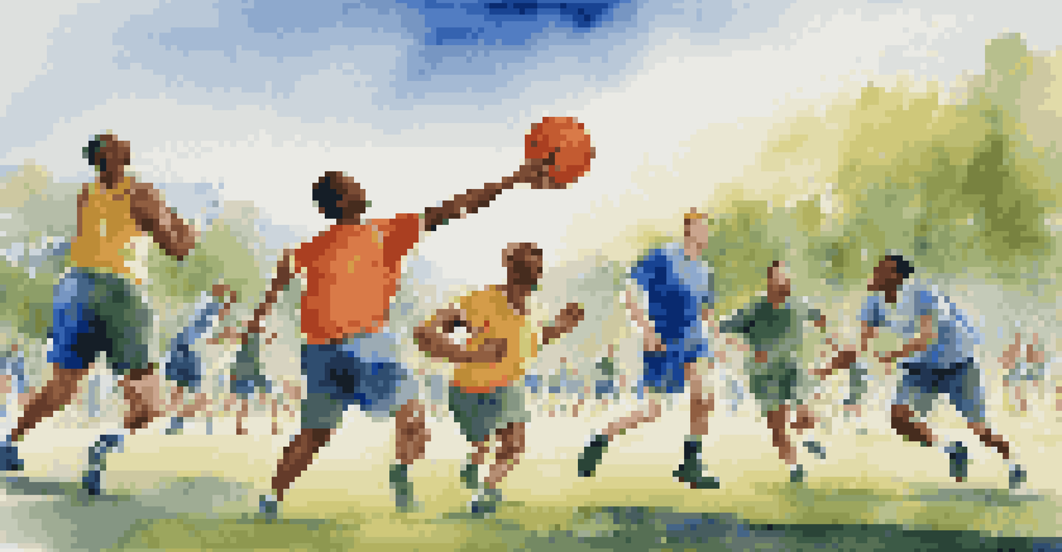 A lively outdoor scene of diverse men playing a team sport, showcasing teamwork and the joy of physical activity.