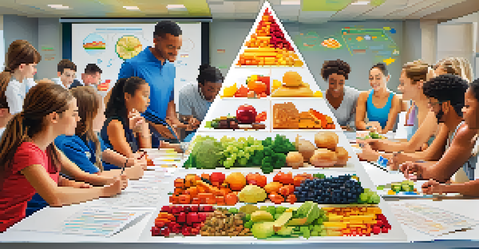 A nutritionist presenting a colorful food pyramid chart to a group of attentive athletes seated at a table.