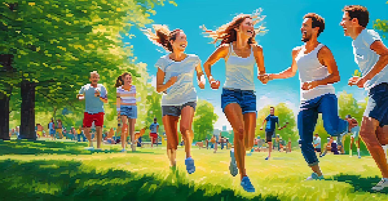 A group of friends playing frisbee in a sunny park, laughing and enjoying physical activity on green grass under a blue sky.