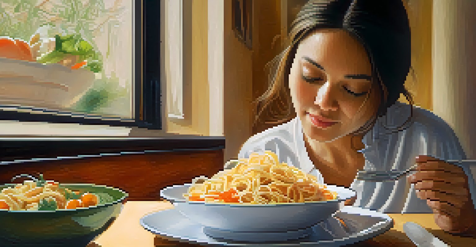 A person enjoying a bite of food with a content expression, highlighting the practice of mindful eating.