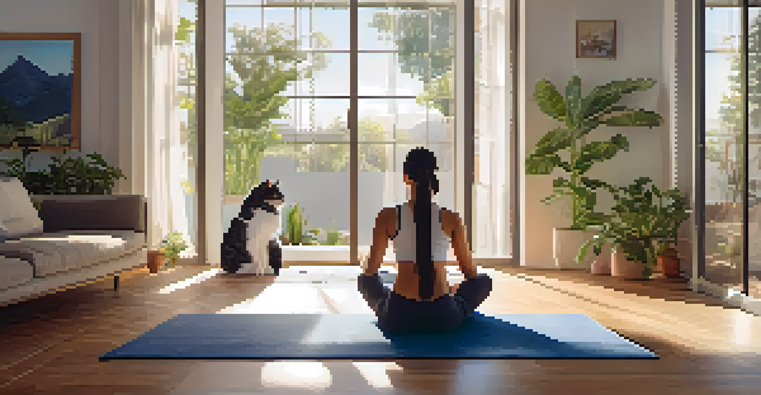 A person meditating on a yoga mat with a cat beside them in a sunlit living room.