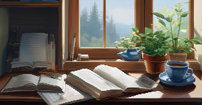 A bright and cozy writing space with a wooden desk, open journal, steaming tea, and a potted plant, inviting for journaling.