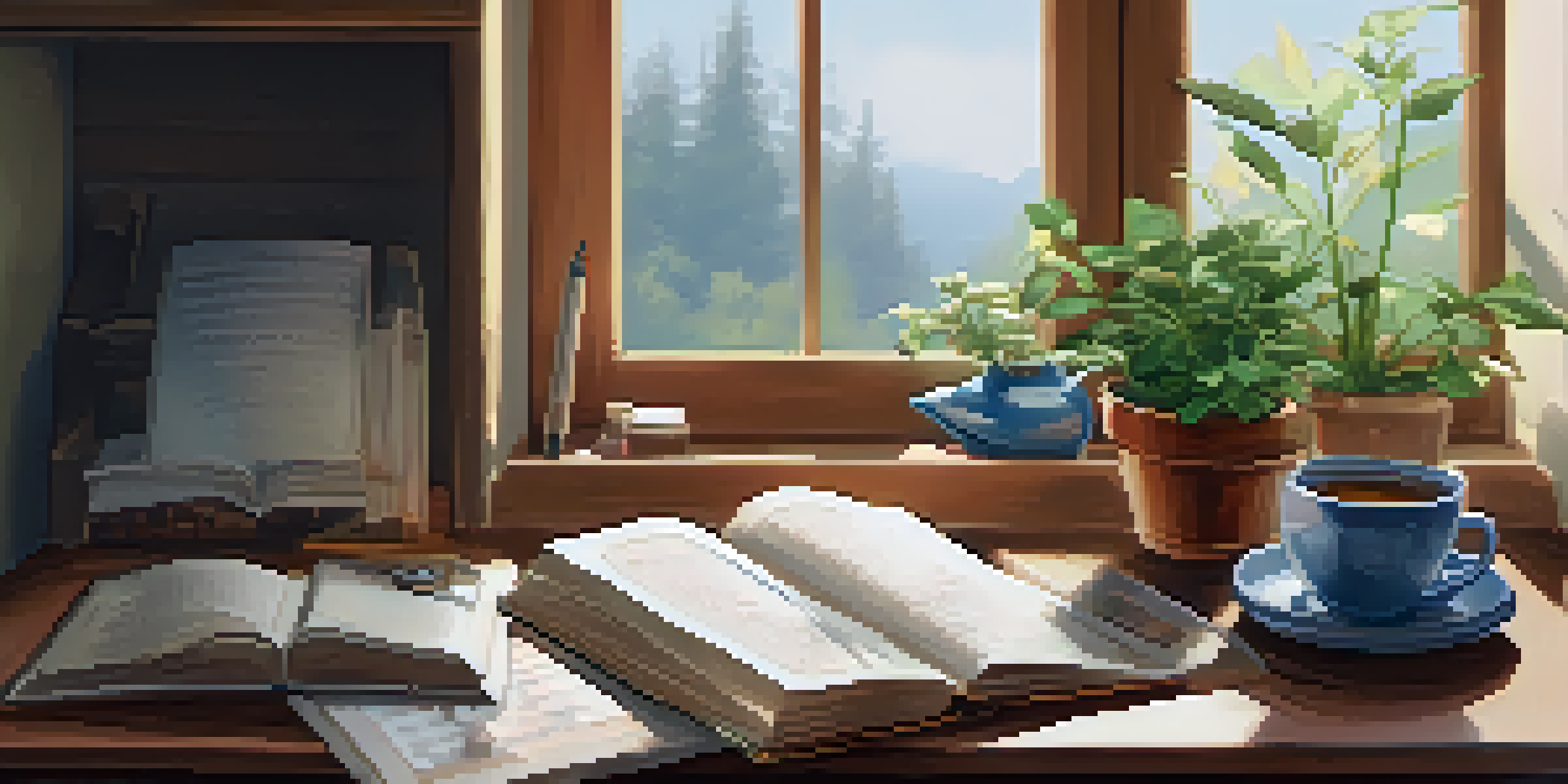 A bright and cozy writing space with a wooden desk, open journal, steaming tea, and a potted plant, inviting for journaling.