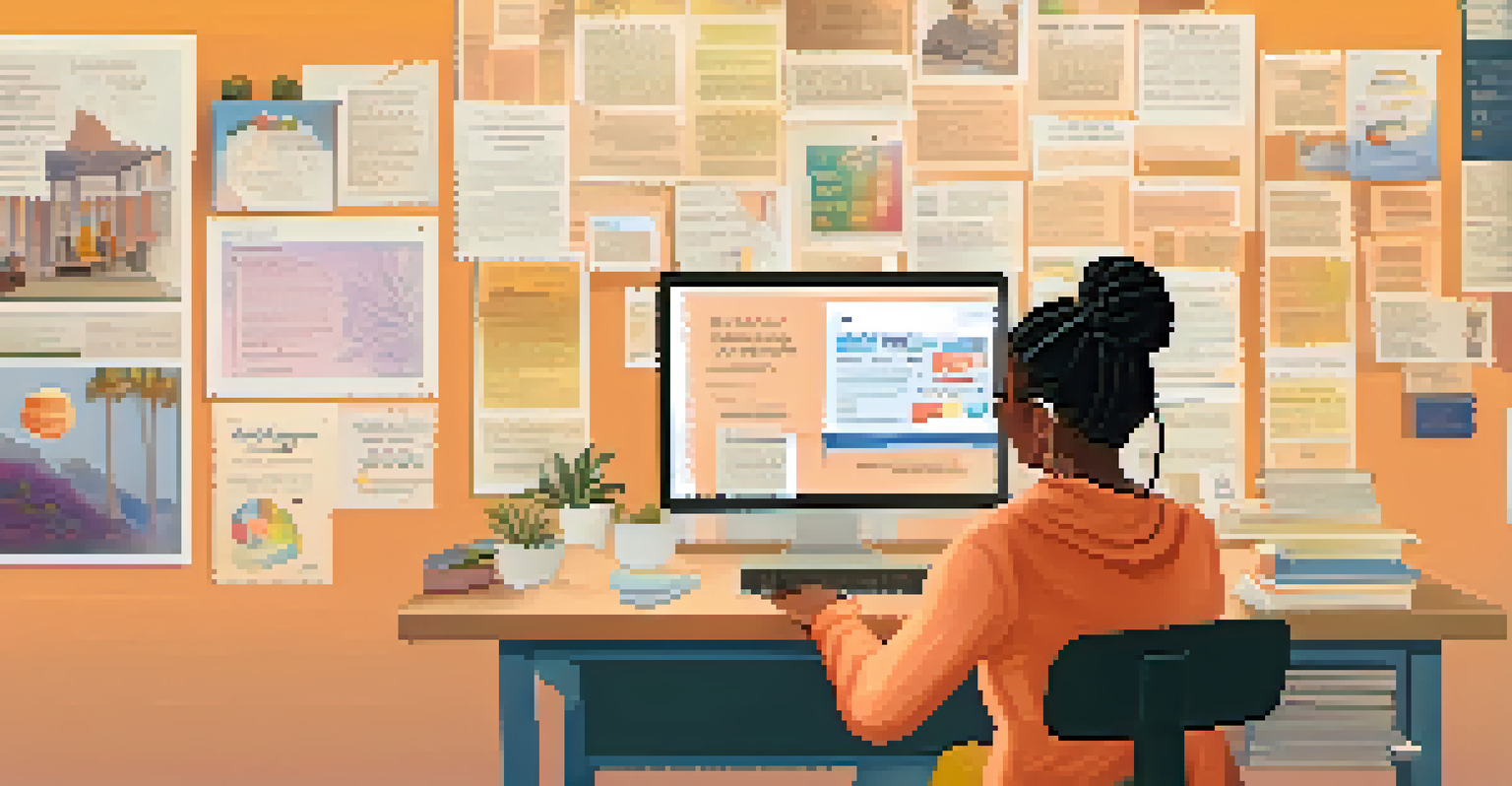 A person at a desk using a laptop, surrounded by uplifting quotes and mental health resources, in a warm and positive environment.