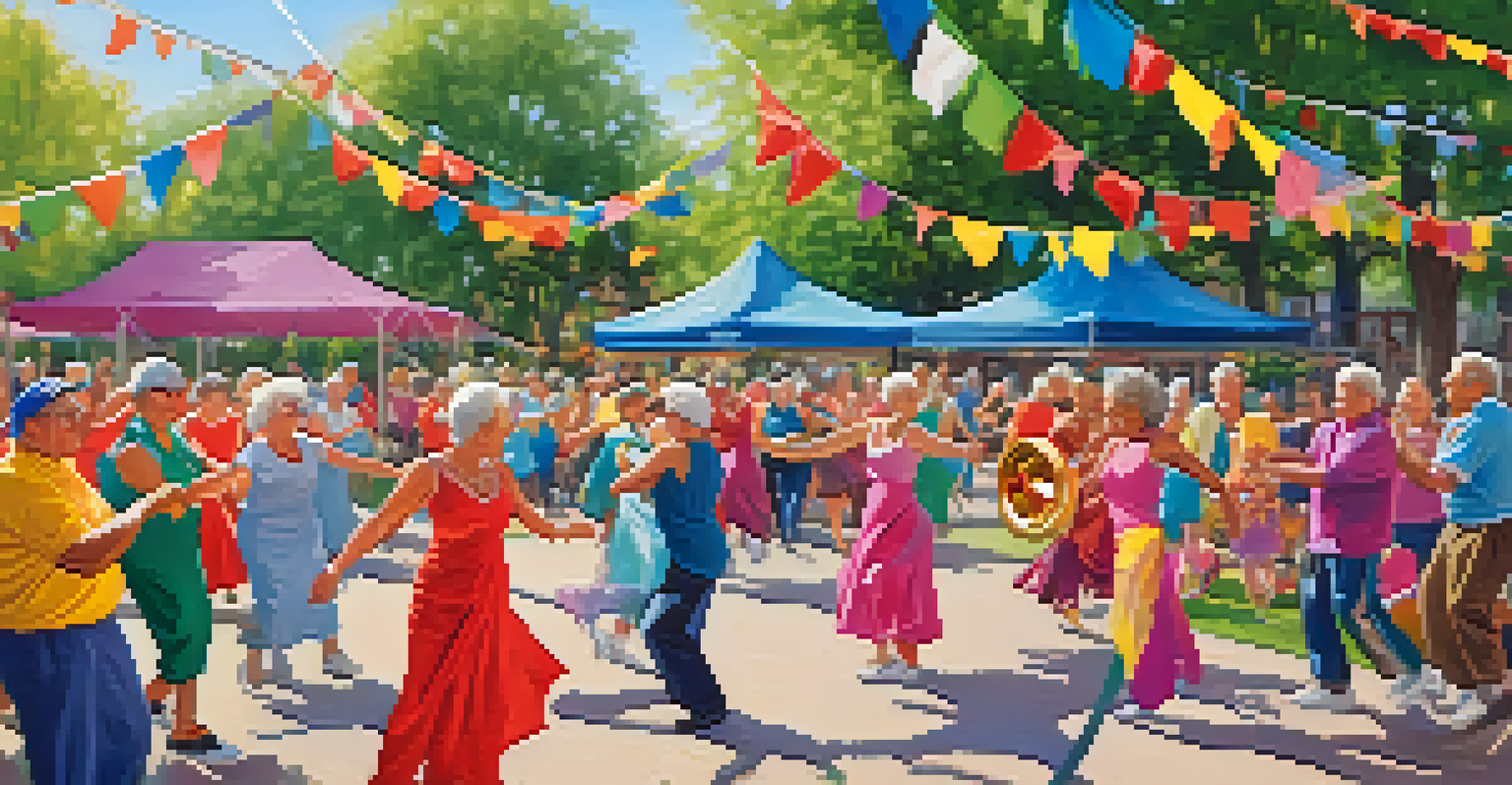 Seniors dancing joyfully in a park during a community event, with colorful outfits and a live band in the background.
