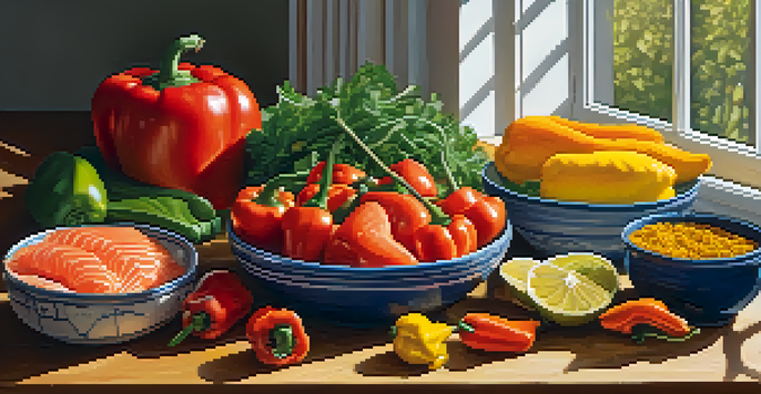 A kitchen counter filled with colorful anti-inflammatory foods including salmon, walnuts, bell peppers, and spices.