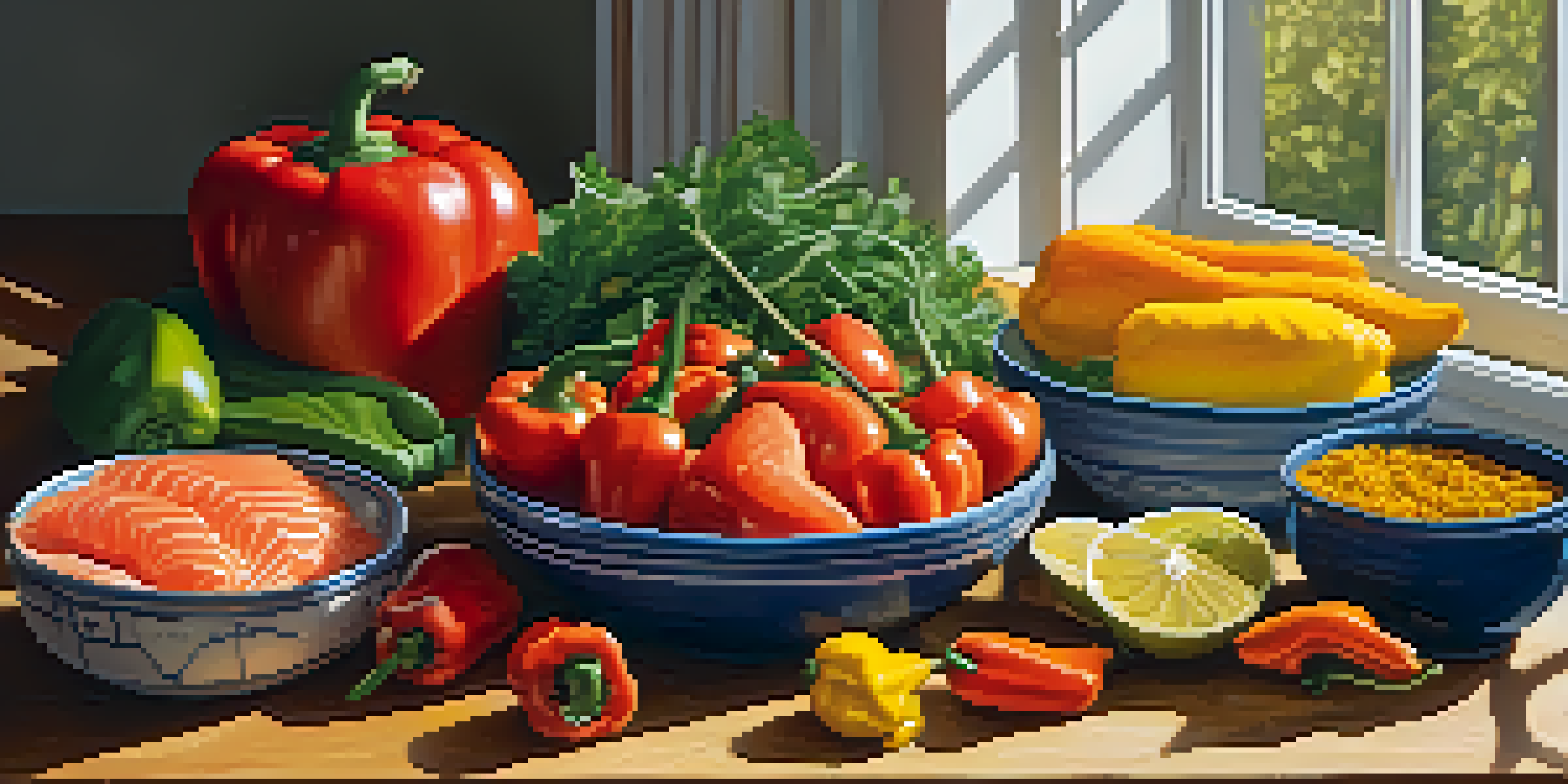 A kitchen counter filled with colorful anti-inflammatory foods including salmon, walnuts, bell peppers, and spices.